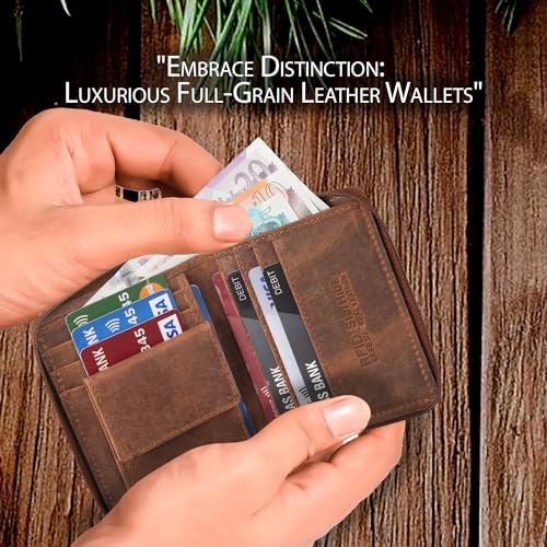 Mens Designer Full Zip Around Distressed Hunter Real Leather Billfold Wallet 720 Brown4