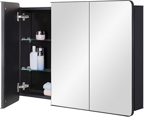 Miniatura 11 de Gabinete de espejo de baño negro para medicinas con puerta con esquinas redondas y borde biselado, 15 x 25 pulgadas, montaje empotrado