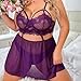 Women's Plus Size Lingerie Dress Fashion Sheer Lace Halter with Matching Gloves Nightgown Simulation Silk（Purple，X-Large)