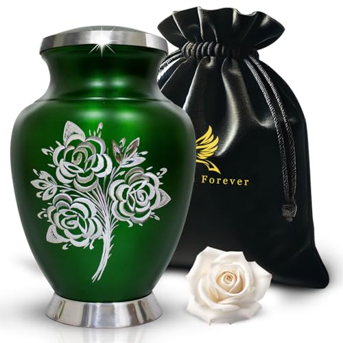 Large Cremation Urns for Human Ashes Adult Female - 200 Cubic Inches Capacity - Handcrafted Rose Urn Design - Honor Your Loved Ones with Decorative Funeral Urn for Ashes for Women (Green)