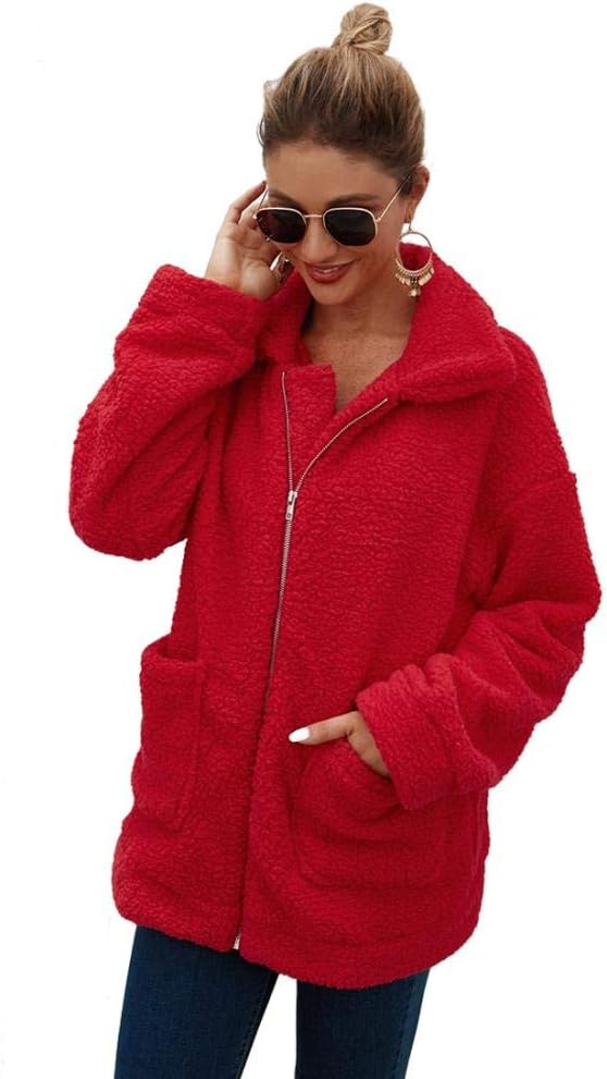 Women's Casual Lapel Fleece Fuzzy Faux Shearling Zipper Coats Oversized Outwear Jackets - Image 2