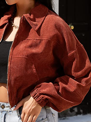 Zaful Women's Corduroy Cropped Jacket Full Zip Drop Shoulder Coat With Pocket Caramel S #TOP4