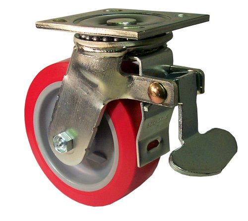 E.R. Wagner Plate Caster, Swivel with Total-Lock Brake, Polyurethane on Polyolefin Wheel, Roller Bearing, 750 lbs Capacity, 5
