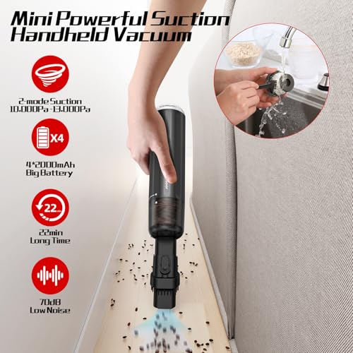 Chuboor 13000PA Powerful Car Vacuum Cleaner High Power Cordless Rechargeable, Handheld Vacuum, Portable Mini Vacuum with LED SOS Light, Small Hand Held Vacuuming Cordless(P16-Black) by Chuboor - Image 6