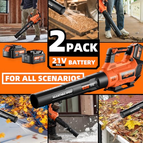 Image of Decerk 21V Leaf Blower Cordless, Electric Snow Blowers with 2X 4.0Ah Battery, Lightweight Blower with Turbo Button, Variable Speed Dial, and Cruise Control for Sidewalks, Garages, Yards & Patios