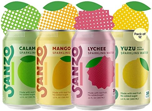 Sanzo Flavored Sparkling Water Variety Pack - 12-Pack - Calamansi (Lime), Lychee (Berry) & Mango (Alphonso) - Carbonated Drink Made with Real Fruit & Sugar-Free - Gluten-Free & Vegan - 12 Fl Oz Cans