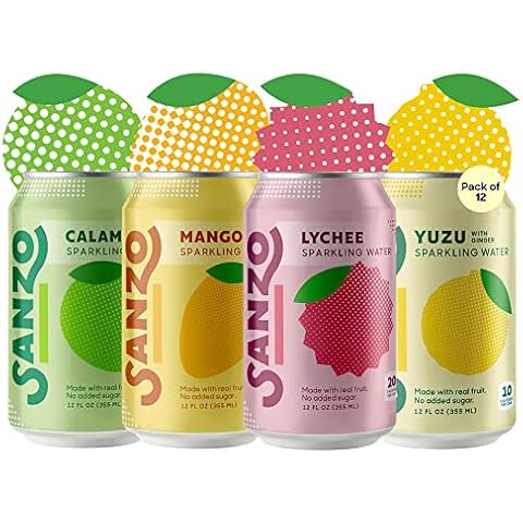 Sanzo Flavored Sparkling Water Variety Pack - 12-Pack - Calamansi (Lime), Lychee (Berry) & Mango (Alphonso) - Carbonated Drink Made with Real Fruit & Sugar-Free - Gluten-Free & Vegan - 12 Fl Oz Cans Cover