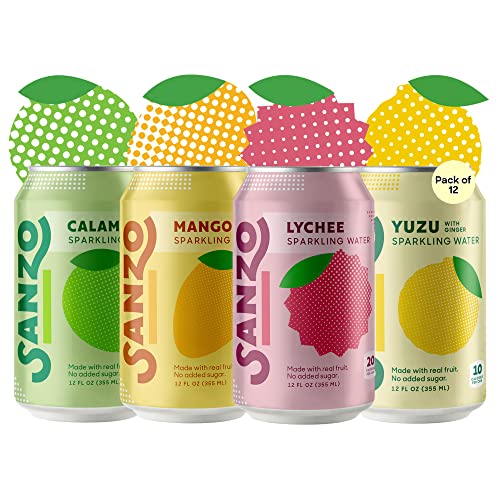 Sanzo Flavored Sparkling Water Variety Pack - 12-Pack - Calamansi (Lime), Lychee (Berry) & Mango (Alphonso) - Carbonated Drink Made With Real Fruit & Sugar-Free - Gluten-Free & Vegan - 12 Fl Oz Cans #TOP30