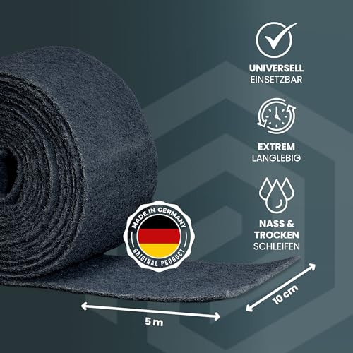 PICTORIS Schleifvlies - Made in Germany - 5 m x 100 mm - Korn 800 - extrem langlebig durch einzigartige Imprägnierung - Schleiffleece/Schleifpad für Holz, Metall, Edelstahl, uvm.