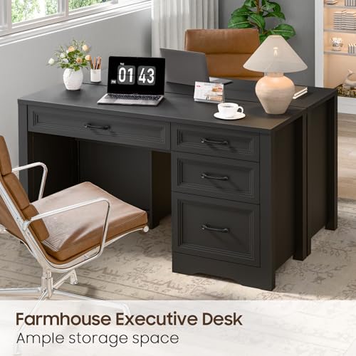 Image of Vabches Farmhouse Executive Desk with Storage and Ample File Drawer, Rustic Large Home Writing Desk for Bedroom, Pure Black
