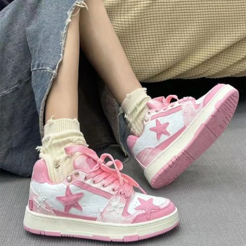 Women's Pink Star-Embroidered High-Top Sneakers Cute Kawaii Casual Shoes Chunky Sole Streetwear Daily Outfits4