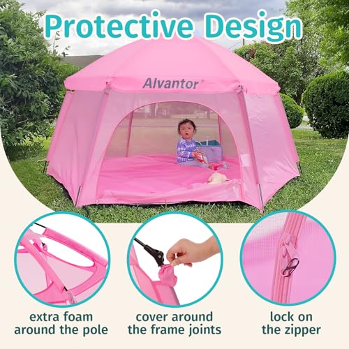 Alvantor® Pop Up Playpen 7'x7'x44”Baby Playpens Large Kids Play Tent Portable, Foldable Playpen Indoor/Outdoor Mesh Play Yard, Infant Mosquito Net, UV SPF 50+ Sunshade, Soft Foam Floor, Pink