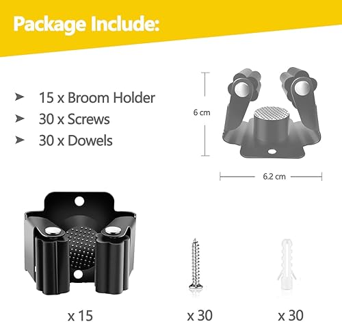 Miniatura 2 de Verdenu Paquete de 15 soportes de pared para escoba, soporte de pared para trapeador y escoba, soporte de escoba de acero inoxidable con tornillos,