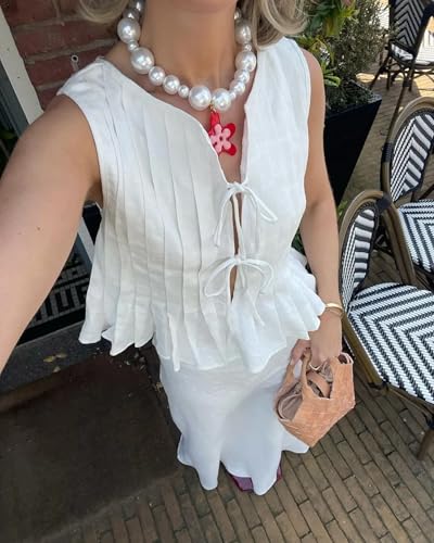 Tie Front Tank Tops for Women Y2K Bow Sleeveless Coquette Pleated Ruffle Shirts Summer 2024 Babydoll Top3