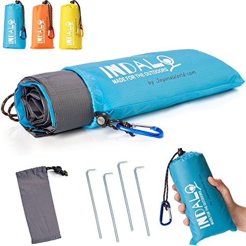 Indalo Premium Oversize Outdoor Pocket Blanket for Picnic, Beach, Festival, Hiking, Camping & Backpacking Adventurers: 79x56 Waterproof & Ultralight Portable Tarp with Stakes & Emergency Rain Hood