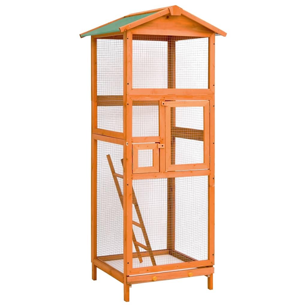 Jaula para pájaros 68x62x166 cm de madera de abeto macizo, gran aviario exterior con malla de hierro, techo impermeable, escalera, bandeja deslizante y dos puertas con cerradura
