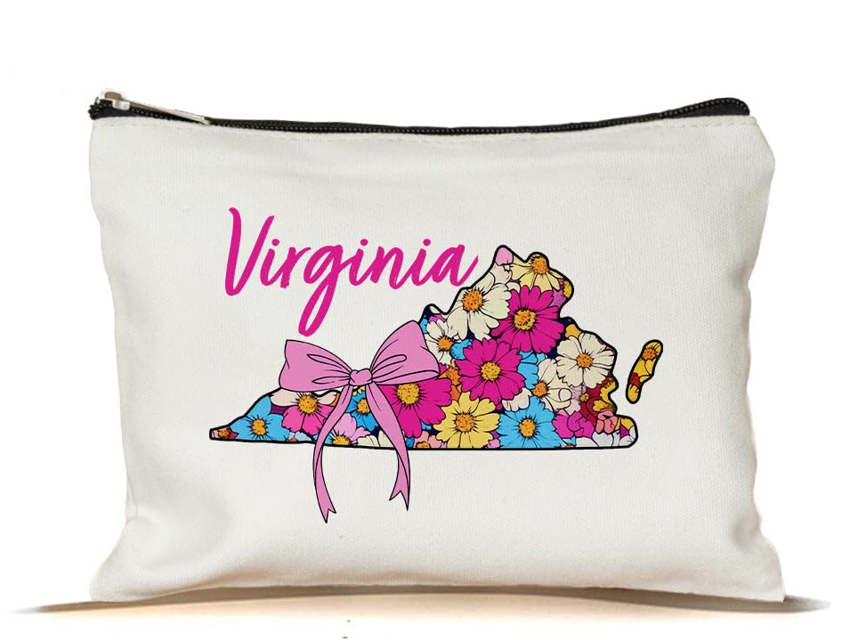 PinPop56 Bolsa de maquiagem floral Coquette State Virginia - Bolsa de maquiagem retrô floral para viagem com zíper presente para mulheres - Amigas - Amantes da Virgínia no aniversário - Dia das Mães