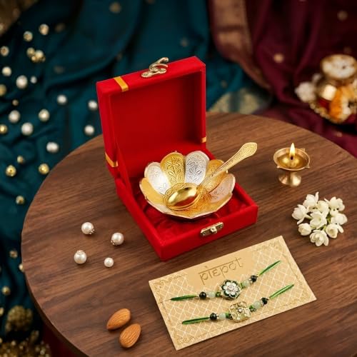 Image of Designer Rakhi Gift Set for Brother | German Silver Bowl & Spoon | Premium Raksha Bandhan Gift Hamper | Velvet Gift Box | Festive Return Gift