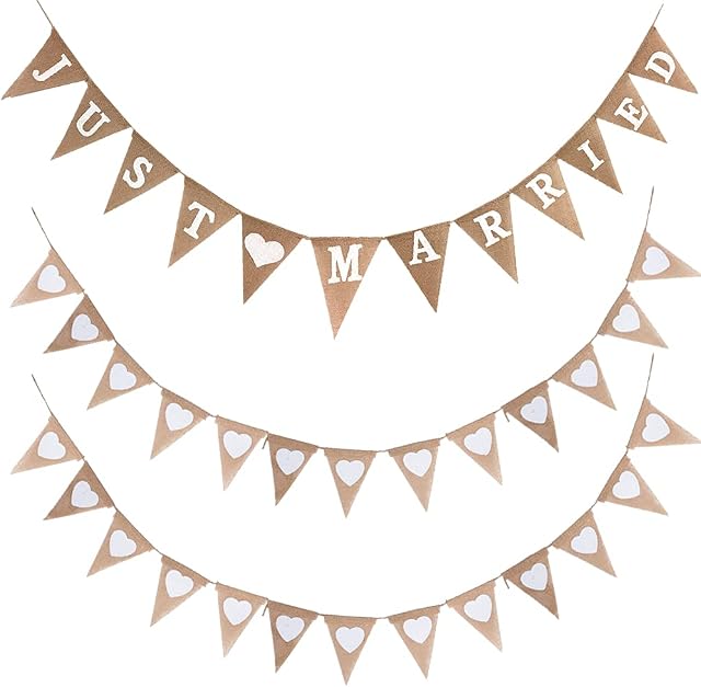 MEJOSER Just Married Bunting Banner with Love Heart Bunting 3Pcs Vintage Burlap Wedding Party Hanging Garlands Flag Romantic Decoration for Wedding Bridal Shower Engagement