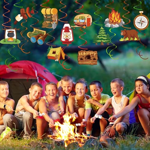 Image of 58 Pcs Camping Party Hanging Swirls Camping Themed Party Decorations Campings Adventure Hanging Foil Swirls Ceiling Decorations for Kids Adults Campings Theme Party Indoor Outdoor Baby Shower