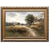ASTRDECORヴィンテージゴールドフレームウォールアートプリント、風景画キャンバスウォールアート、寝室用、ヴィンテージフィールドカントリー自然ウォールアート、ヒルズパスのグリーンピクチャーファームハウスの壁の装飾リビングルーム-20インチ×30インチ