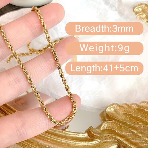 Gold Chain - 18K Gold Plated Stainless Steel Hollow Twist Rope Chains - Ion Plated Necklace for Men & Women - 16 to 18 Inches - Men's Style (3mm)2