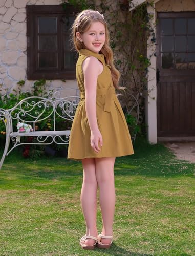 OBEEII Toddler Girls Denim Jeans Dress Sleeveless Summer Casual Lapel Collar A-line Pleated Ruffle Dress with Belt4