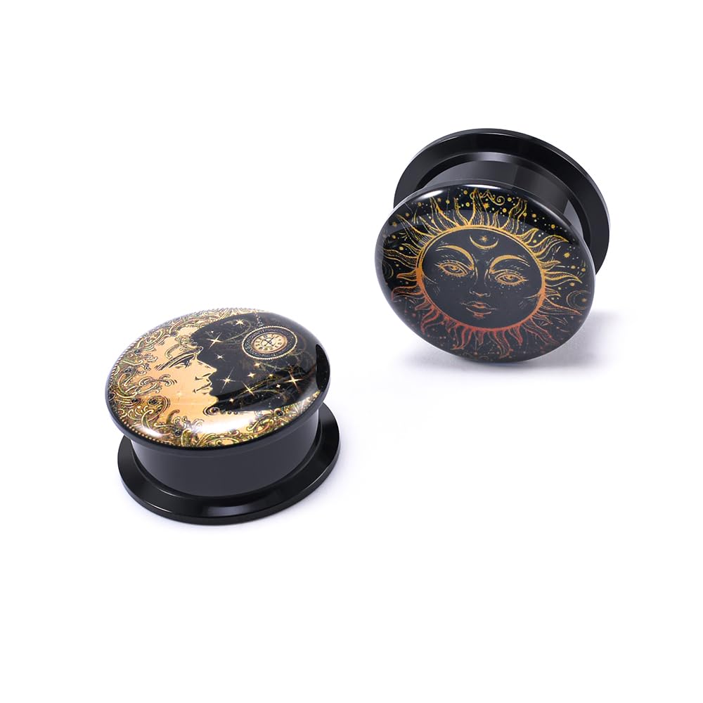 TBOSEN 1 Paar Acryl und Epoxid Sonne Mond Pentagramm Punk Element Schraubohren Tunnel Stecker Expander Piercing Modisches Geschenk