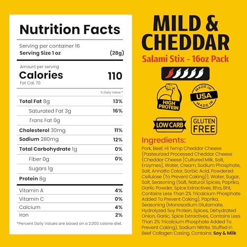 Image of Long John Snacks Dried Salami Sticks, Mild Cheddar, 16 Oz | High Protein Smoked Meat Sticks Bulk Pack - Handcrafted From Fresh, Never-Frozen Cuts of USA Beef and Pork