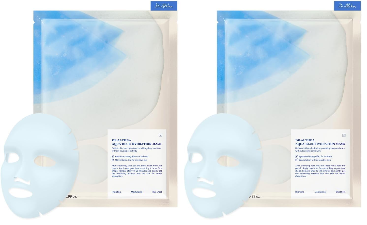 Dr.Althea Aqua Blue Hydration Mask | Reduce Facial Puffiness with Tannins | Sheet Mask for Long-Lasting Hydration | Vegan Korean Skincare (Pack of 8)