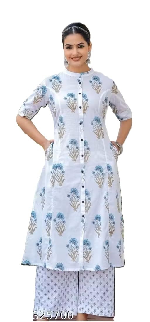 Women's White Floral Printed Cotton Kurti with Palazzo Set, Button-Down, Mandarin Collar-image-14