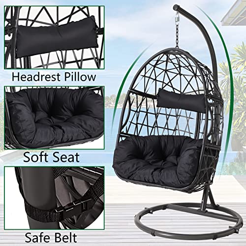 Action Club Egg Chair With Stand Indoor Outdoor Patio Wicker Hanging Swing Chair With Tufted Cushion Hammock Porch Chaise Lounge Chair Steel Frame (Dark Grey) #TOP2