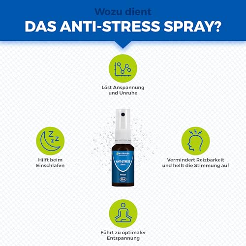 Anti-Stress Spray mit Sofort-Effekt - Gegen Innere Unruhe und Anspannung - Mit Mohnblume + Melisse für die Nerven, 20 ml - Pfirsichgeschmack - Nutrimea