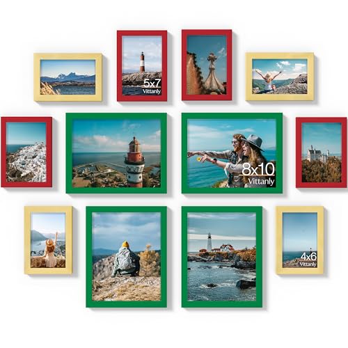 Image of Vittanly 12 Pack Picture Frames Collage Wall Decor for Mounting or Tabletop Display, Gallery Wall Frame Set for Family, Multi Sizes Including 4pcs 8x10, 4pcs 5x7, 4pcs 4x6, Green & Red & Gold