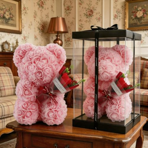 GDJIAYIYI Rose Bear With Gift Box Pink Rose Teddy Bear Artificial Rose Flower Bear for Moms Valentines Day Gift for Her Birthday Gift for Girls Ladies