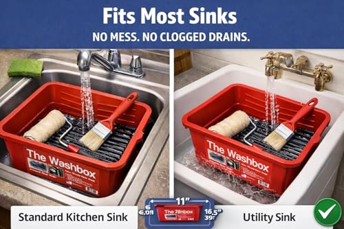 Washbox Paint Brush & Roller Cleaner Tray – Sink Insert for Easy Paint Cleanup – Paint Tool Washer & Cleaning System – Keeps Paint Out of Sink – Made in USA (RED)