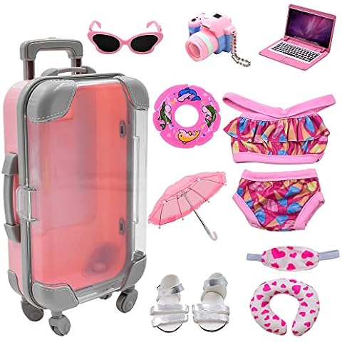 Acelane American Doll Travel Suitcase Play Set for Girl 18 Inch Doll, Travel Carrier Luggage Doll Clothes Sunglasses Camera Laptop Pillow, Pretend Play Toys Gift for Birthday, Christmas, Party, More Cover