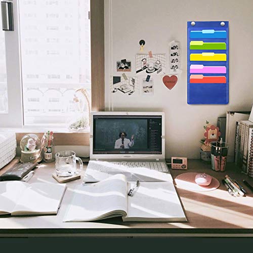Storage Pocket Chart with 5 Pocket, 2 Pack Heavy Duty Storage Chart Hanging Wall File Organizer Included 4 Over Door metal Hangers - Organize Your Assignments, Files, Scrapbook Papers & More (Blue)