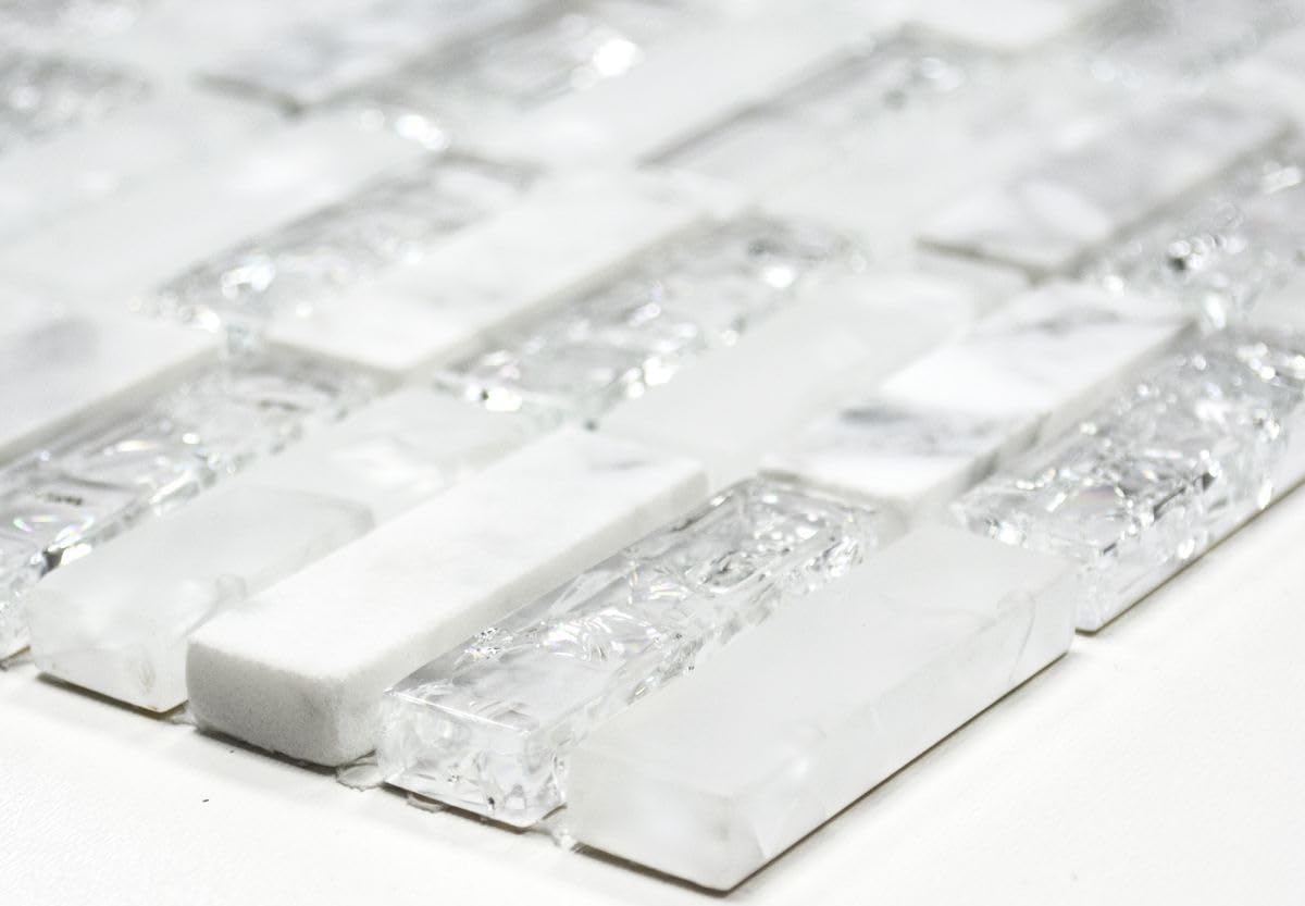 Pietre per mosaico in vetro Crystal/Pietra, bianco traslucido, 3D, formato: 15 x 50 x 8 mm, dimensioni foglio: 322 x 310 mm, 10 fogli