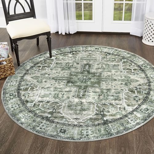 SIILOOM 5' Round Washable Rug for Entryway, Green Soft Printed