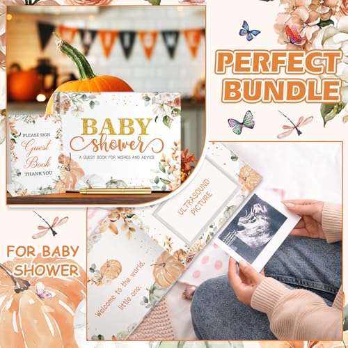Image of Fuyoooo Little Pumpkin Baby Shower Guest Book Baby Shower Sign in Guest Book Reception with Sonogram Page Keepsake Includes Gold Pen Table Card and Adhesive Photo Corner for Birthday
