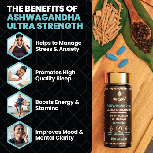 Image of Healeo Ashwagandha Ultra Strength 710mg - 10% Withanolides, 20:1 Extract, 2x Stronger than KSM 66 Ashwagandha - Anxiety & Stress Relief, Energy & Mood Enhancer - Lab Tested - 30 Veg Tablets