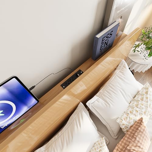 Image of Bellemave Queen Size Bamboo Bed Frame with Headboard,Bamboo Floating Platform Bed Frame Queen Size with Charging Station and Wood Slats,Easy Assembly,Natural