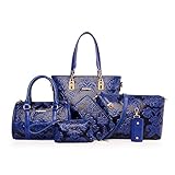 Coolives Damen Handtaschen Set Klassische Blume Prägen 6 Stück aus PU-Leder Blau EINWEG