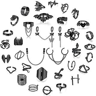 Kakonia Silver Black Gothic Rings for Women Men Cool Butterfly Chain Snake Bat Spider Claw Punk Rings Pack Adjustable Big Chunky Rings Emo Rings Set Open Knuckle Stacking Rings Gothic Jewellery