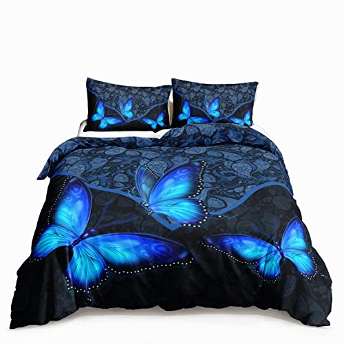 Hosima Blue Butterfly Bedding Set For Girls，Mandala Bedding Boho Floral Comforter Cover Decor For Bedroom, Butterfly Print Duvet Cover Queen Size.(No Comforter) #TOP15