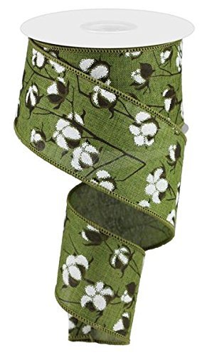 Craig Bachman 2.5" Cotton Pod Ribbon: Moss Green & White (10 Yards) Craft Floral Arrangement Gift Wrapping Wired Edge Ribbon