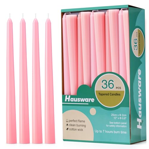 Hausware 36 Pack Taper Candles 8 Hour Burn Time Unscented Dripless and Smokeless 10 inch Elegant Premium Quality Dinner Candle for Home Dcor Restaurant Wedding Party Candlesticks (Pink)