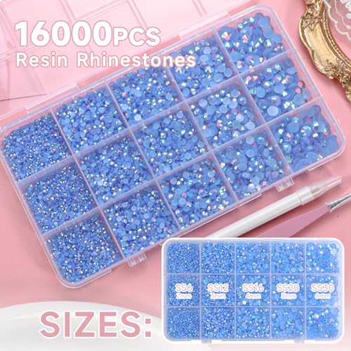 Image of 16000 Pcs Resin Rhinestones for Crafting, Flatback Light Blue Gems Jelly Rhinestones, Mixed Sizes Blue Bedazzling Crystal with Pickup Tool for DIY Crafts Clothing Tumblers Mugs Shoes Fabric Nail Art