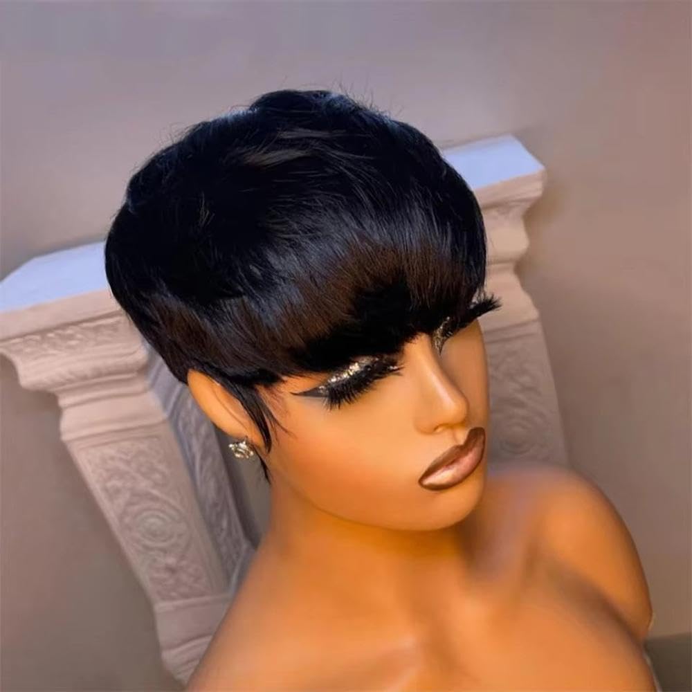 Haarpflege Kurze Gerade Bob Perücke Aus Echthaar Für Frauen Mit Pony Ohne Spitzenfront(180%)